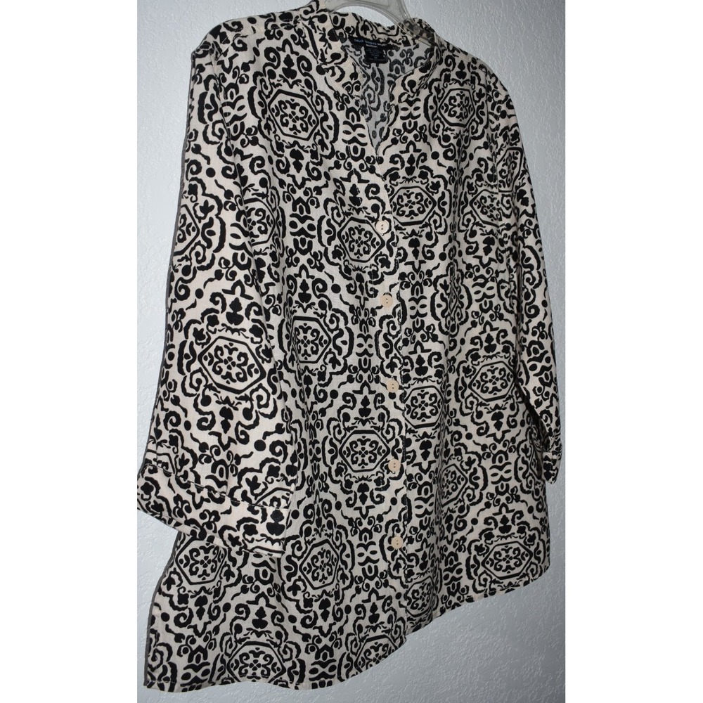 SAINT TROPEZ WEST 1X Linen Top 3/4 Sleeve Button Front Shirt Tan/Black Geo Print